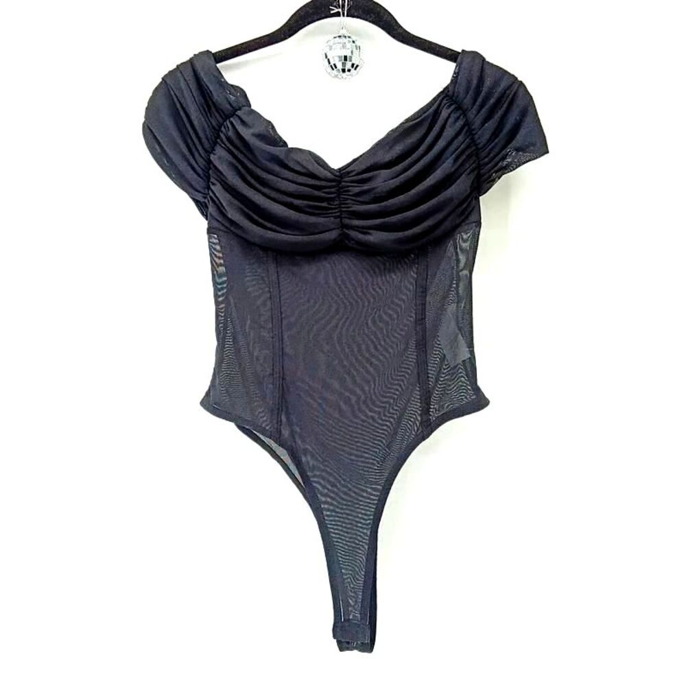 Kaylee Kollection Black Ruched Mesh Corset Bodysuit Romantic Goth Goddess L